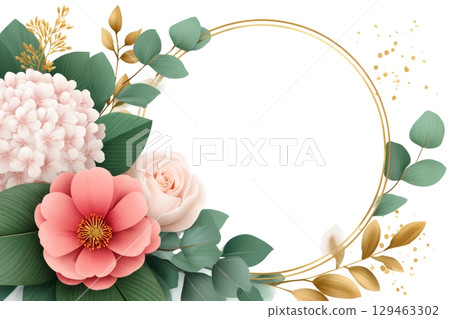 Elegant floral arrangement framing golden circle with delicate pink and white flowers 129463302