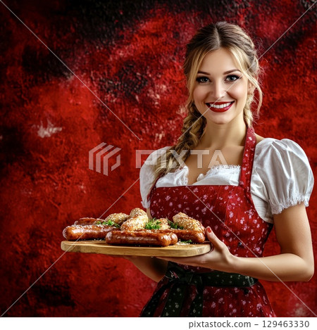Oktoberfest woman holding tray beer pretzel traditional German style 129463330