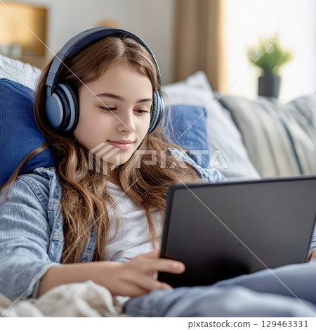 Teen girl studying online with tablet and headphones 129463331