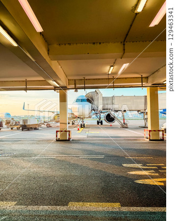 Passenger airplane connected to boarding bridge at airport during golden hour. Travel infrastructure, global mobility, and departure preparation at sunrise. 129463341