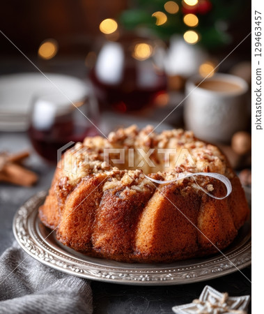Delicious Pecan Bundy Cake Indulgence On Silver Platter With Wine 129463457