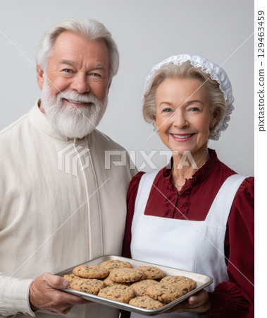 Elderly Couples Home Tasty Chip Cookies, Gray Background 129463459
