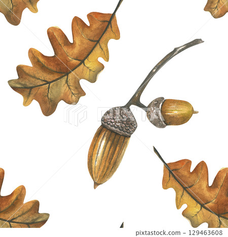 Acorn and dry oak leaf. Seamless pattern from watercolor illustrations. Hand drawn isolated on white background 129463608