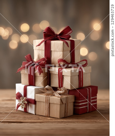 Festive Gift Boxes Warm Celebration In Beige, Gold White 129463719