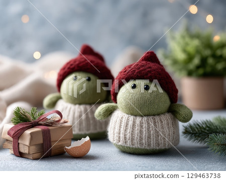 Festive Holiday Scene Knitted Dolls, Blue Background, Soft Visual 129463738