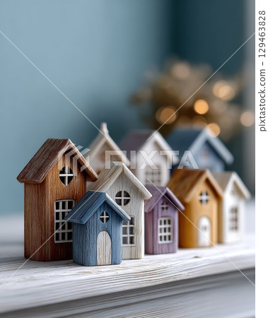 Miniature Houses Blue White Rustic Design On Natural Background 129463828