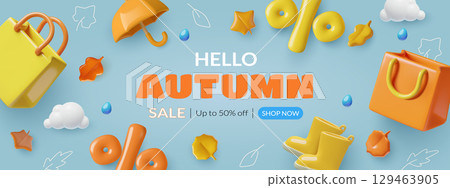 Autumn and monsoon season sale banner design with 3d shopping bags umbrella and rain boots Autumn and monsoon season sale banner design with 3d shopping bags umbrella and rain boots 129463905