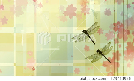 Spring Japanese-style background illustration with cherry blossoms and dragonfly silhouettes Spring Japanese-style background illustration with cherry blossoms and dragonfly silhouettes 129463936