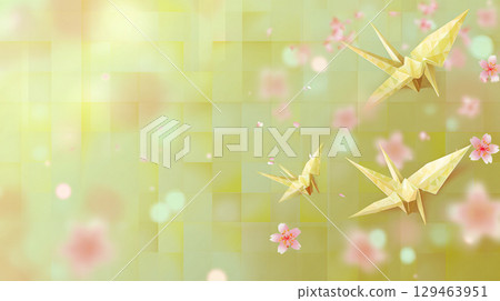 Spring background image with cherry blossoms and origami cranes dancing 129463951