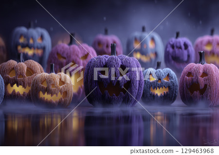 Colorful group of jack-o-lanterns in blue, orange, purple, and pink hues glow through evening fog, each with a unique carved face. Magical Halloween scene for autumn themes or party visuals. 129463968