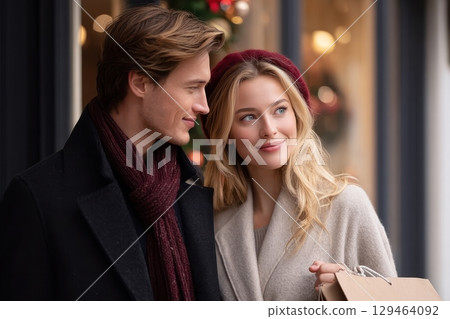 Romantic Christmas Shopping Blonde, Beret, And Light Background 129464092