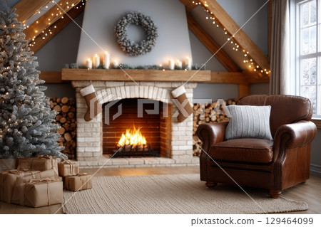 Rustic Christmas Brown Armchair Relaxation By Brick Mantel Window 129464099