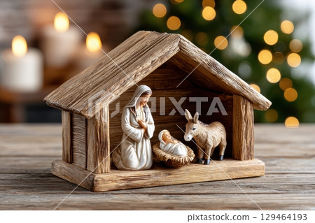 Warm Nativity Scene Wooden Stable, Holy Family, Festive Manger Warm Nativity Scene Wooden Stable, Holy Family, Festive Manger 129464193