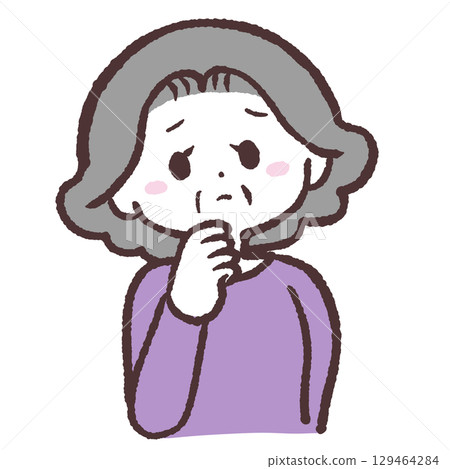 Illustration of a senior woman thinking with her hand on her chin 129464284