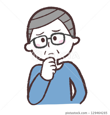 Illustration of a senior man thinking with his hand on his chin 129464285