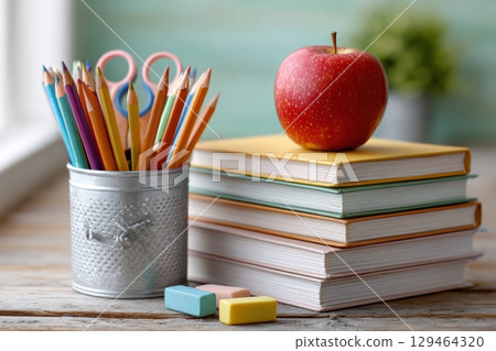 Colorful Books, Pencils, Erasers, Wooden Composition Back To School Life In A Years Book Background 129464320