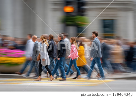 Dynamic Urban Scene People Crossing Zebra Crossing With Motion Blur, Yellow Coat, City Attire 129464343