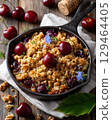 Rustic Baked Cherry Crumble In Skillet With Brown Topping, Fresh Cherries, Warm Home Feel 129464405