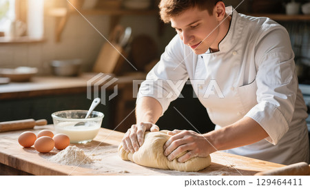 Young male chef kneading fresh dough on wooden table in rustic kitchen with ingredients ready for baking 129464411