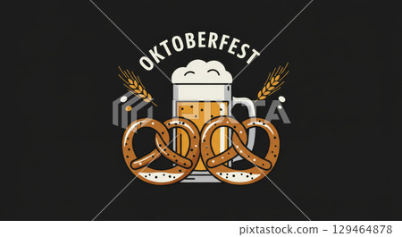 Oktoberfest illustration with beer mug, pretzels, and text Oktoberfest on a black background. 129464878