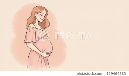 Gentle digital illustration of a pregnant woman in a pink dress, cradling her baby bump with a serene expression. 129464883