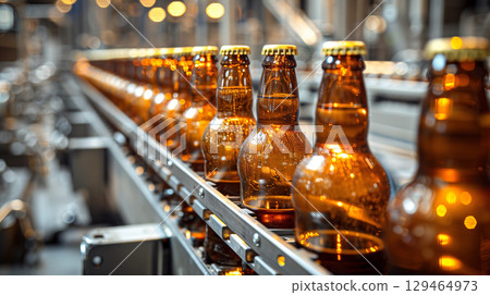 Beer bottles on conveyor belt in brewery production line. Concept of mass production beer 129464973