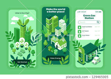 Isometric Eco City and Environmental Solutions App Design Set Isometric Eco City and Environmental Solutions App Design Set 129465005