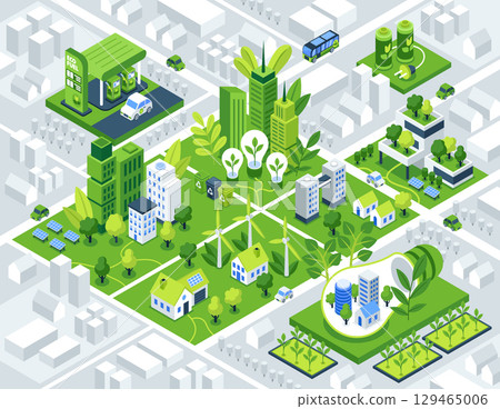 Isometric Illustration of a Modern Sustainable Eco City Composition 129465006