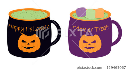 Black and Purple Halloween Cups with Happy Halloween and Trick or Treat Letters with Witch Potion in 129465067