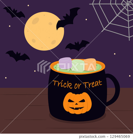 Full moon and bats on Night sky Potion and marshmallows in Cup with Pumpkin on it Halloween scene Full moon and bats on Night sky Potion and marshmallows in Cup with Pumpkin on it Halloween scene 129465069