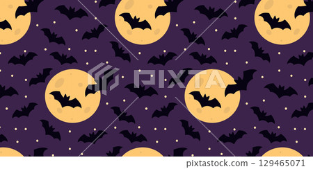 Halloween Backdrop with Full Moon and Black Bats Seamless Pattern on violet Background Banner Format Halloween Backdrop with Full Moon and Black Bats Seamless Pattern on violet Background Banner Format 129465071