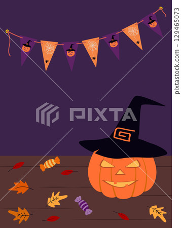 Halloween Pumpkin in Witch hat Autumn leaves and Candies on wooden and Violet Backdrop with Pennants Halloween Pumpkin in Witch hat Autumn leaves and Candies on wooden and Violet Backdrop with Pennants 129465073