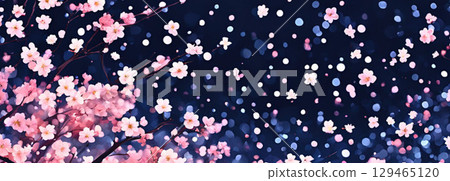 夜晚的櫻花花瓣飄落的背景素材 129465120