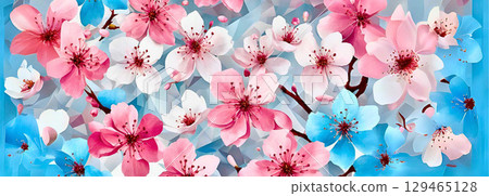 Background material for cherry blossom petals floating on the surface of the water 129465128