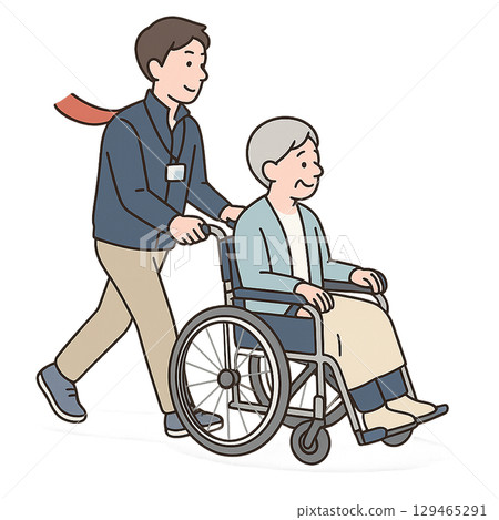 A support worker pushing a wheelchair out 129465291