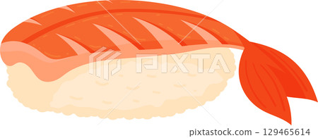 Cartoon shrimp sushi. Japanese cuisine, traditional food icon isolated on white background Cartoon shrimp sushi. Japanese cuisine, traditional food icon isolated on white background 129465614