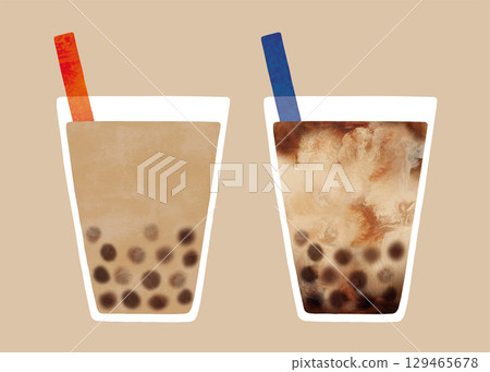 木薯奶茶與木薯黑糖奶水彩畫 129465678