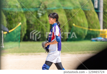 A junior high school girl pitching softball in a club activity 129465724
