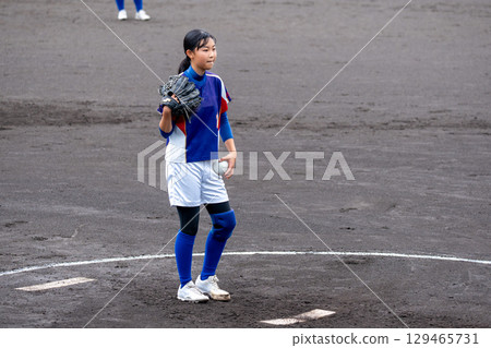 A junior high school girl pitching softball in a club activity 129465731