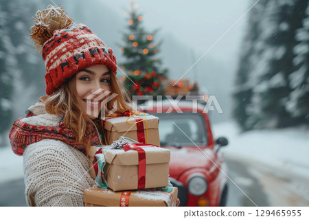 Woman holding Christmas gifts standing near red car with decorated tree in snowy winter forest 129465955