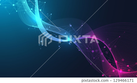 Colorful molecules background with DNA helix, DNA strand, DNA Test. Molecule or atom, neurons. Abstract structure for science, healthcare or medical background, banner. Scientific vector illustration 129466171
