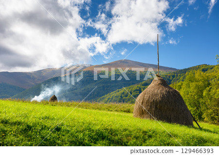 countryside landscape in carpathian mountains in summer. scenic view with trees and field in the valley of borzhava ridge. rural scenery with haystack on grassy hill under blue sky with clouds countryside landscape in carpathian mountains in summer. scenic view with trees and field in the valley of borzhava ridge. rural scenery with haystack on grassy hill under blue sky with clouds 129466393