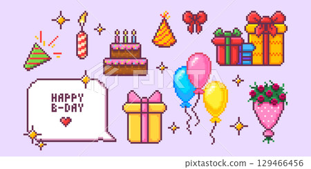 Pixel birthday celebration elements 129466456