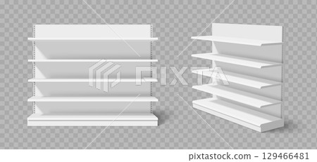 Empty white store shelves with metal brackets 129466481