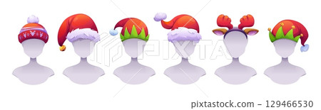 Christmas elf hats collection on mannequin heads Christmas elf hats collection on mannequin heads 129466530