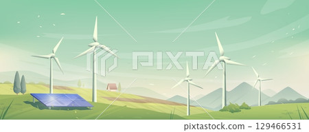 Wind turbines and solar panels on green hills Wind turbines and solar panels on green hills 129466531