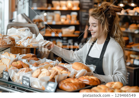 Smiling bakery shop assistant arranging fresh bread and pastries on display counter 129466549