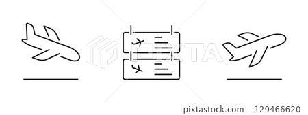 Airplane Takeoff and Landing With Flight Board Line Icon Set. Aircraft Departure, Arrival, and Airport Information Display Symbols. Editable Stroke. Isolated Vector Illustration 129466620