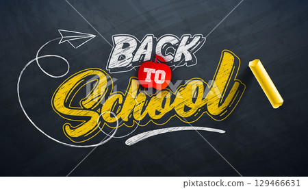 Back to School Illustration with Yellow Chalk and Typography Lettering on Black Chalkboard Background. Vector Education, Learning and Knowledge Illustration with Hand Drawn Doodles for Greeting Card Back to School Illustration with Yellow Chalk and Typography Lettering on Black Chalkboard Background. Vector Education, Learning and Knowledge Illustration with Hand Drawn Doodles for Greeting Card 129466631