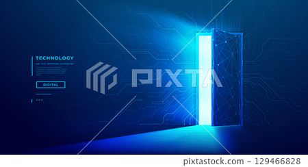 Digital open door with bright light. Circuit board on wall 129466828